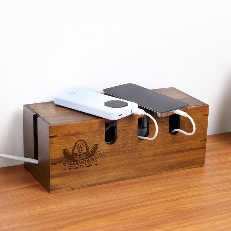 Fathers Day Custom Wood Cable Management Box – Cord Organizer, Cable Holder, Wire Hider Box,Desk Organizer,Gift for Her,Office Gift Decor